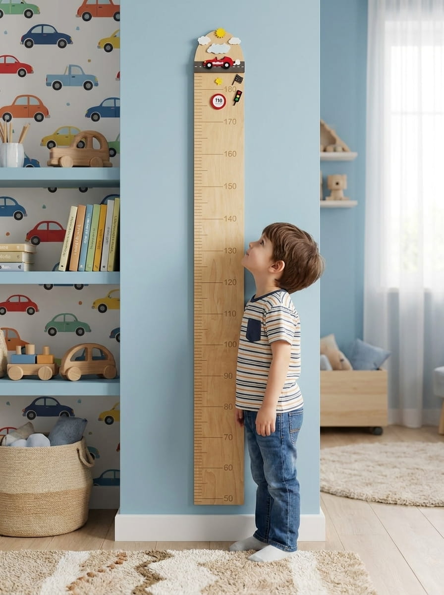 Personalized wooden growth chart with racing car design and child’s name