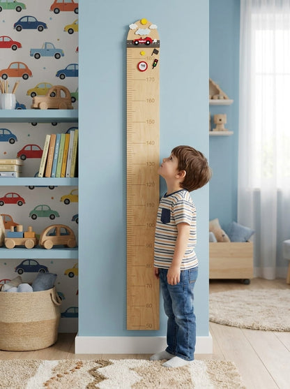 Personalized wooden growth chart with racing car design and child’s name