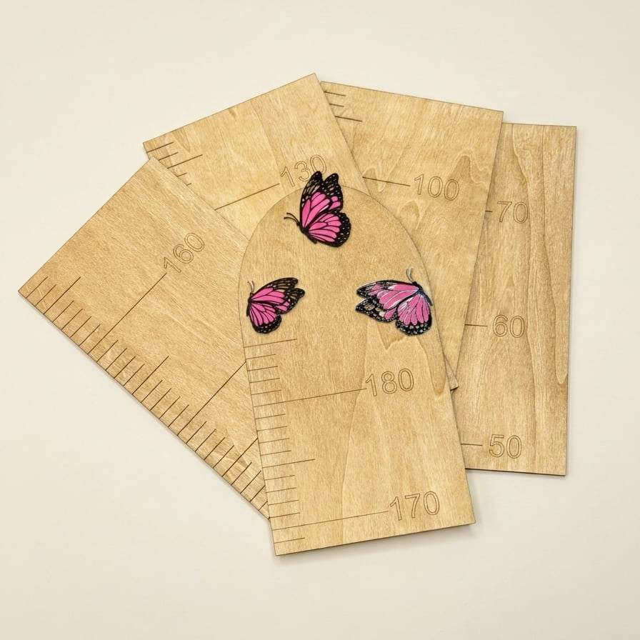 Five wooden height rulers with pink and black butterfly illustrations, arranged on a light beige background.