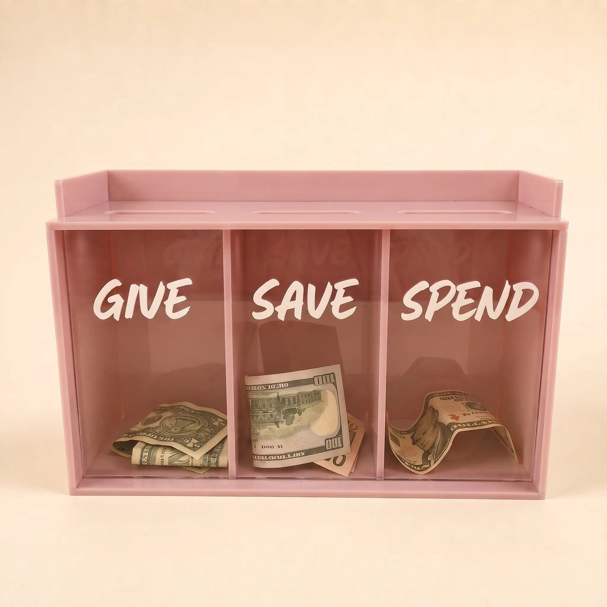 Inside view of Give Save Spend money organizer with three compartments pink color
