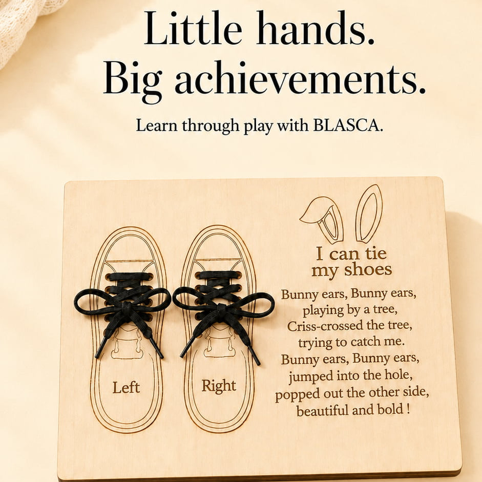 Shoe-tying learning board for kids with real black laces and Left and Right labels