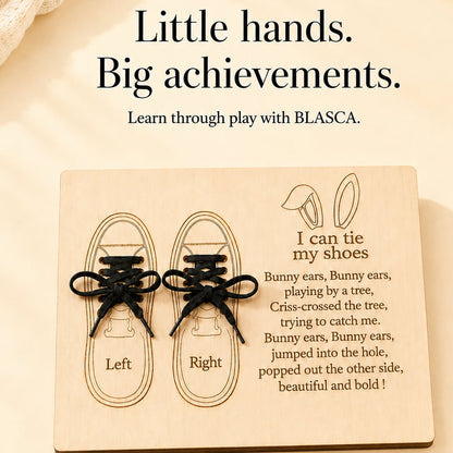 Shoe-tying learning board for kids with real black laces and Left and Right labels