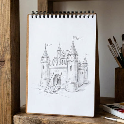 A spiral-bound sketchbook standing on a wooden shelf, featuring a black-and-white pencil drawing of a castle. The sketchbook is surrounded by art supplies, including paintbrushes and a small palette, in a warm indoor setting.