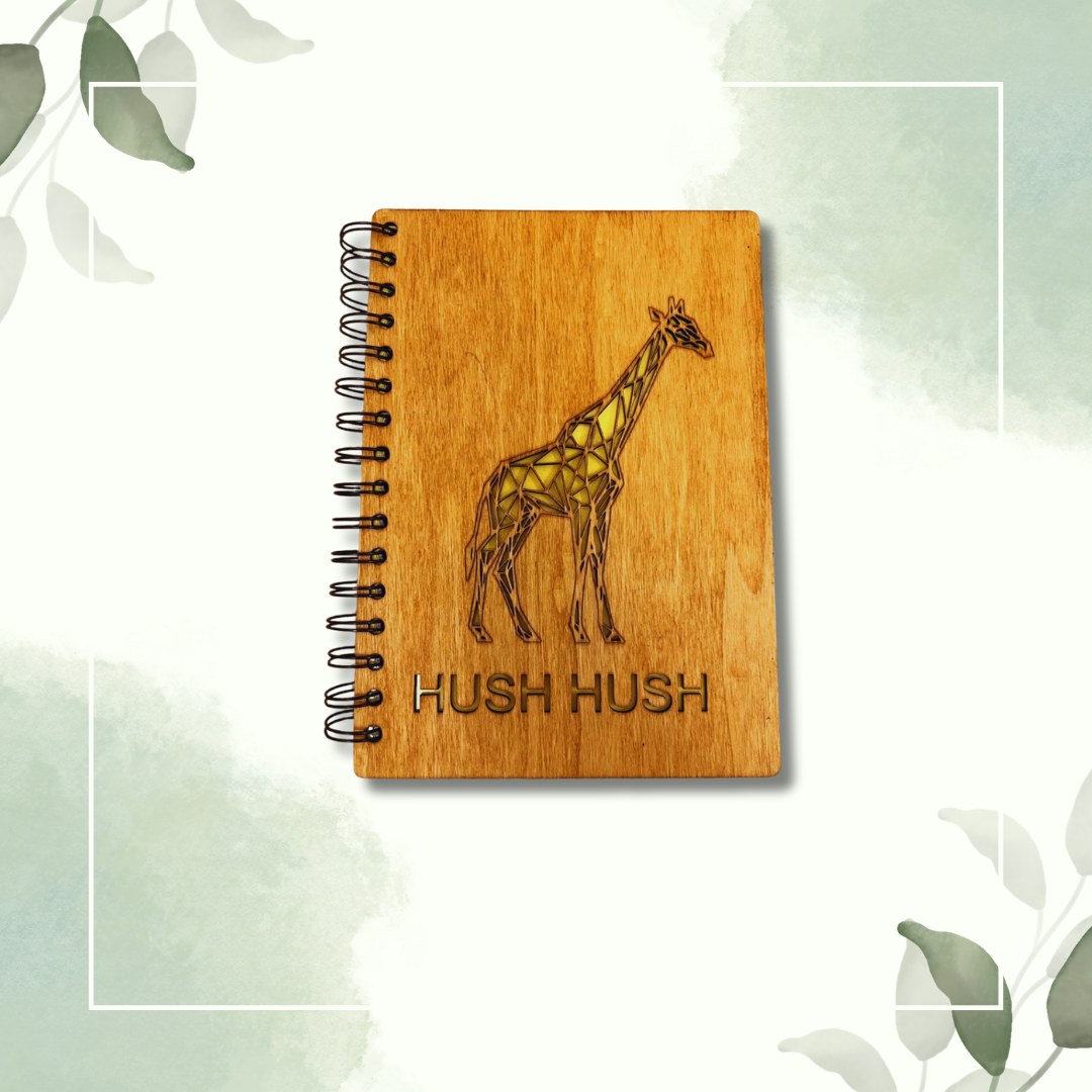 Geometric giraffe with the phrase “HUSH HUSH”